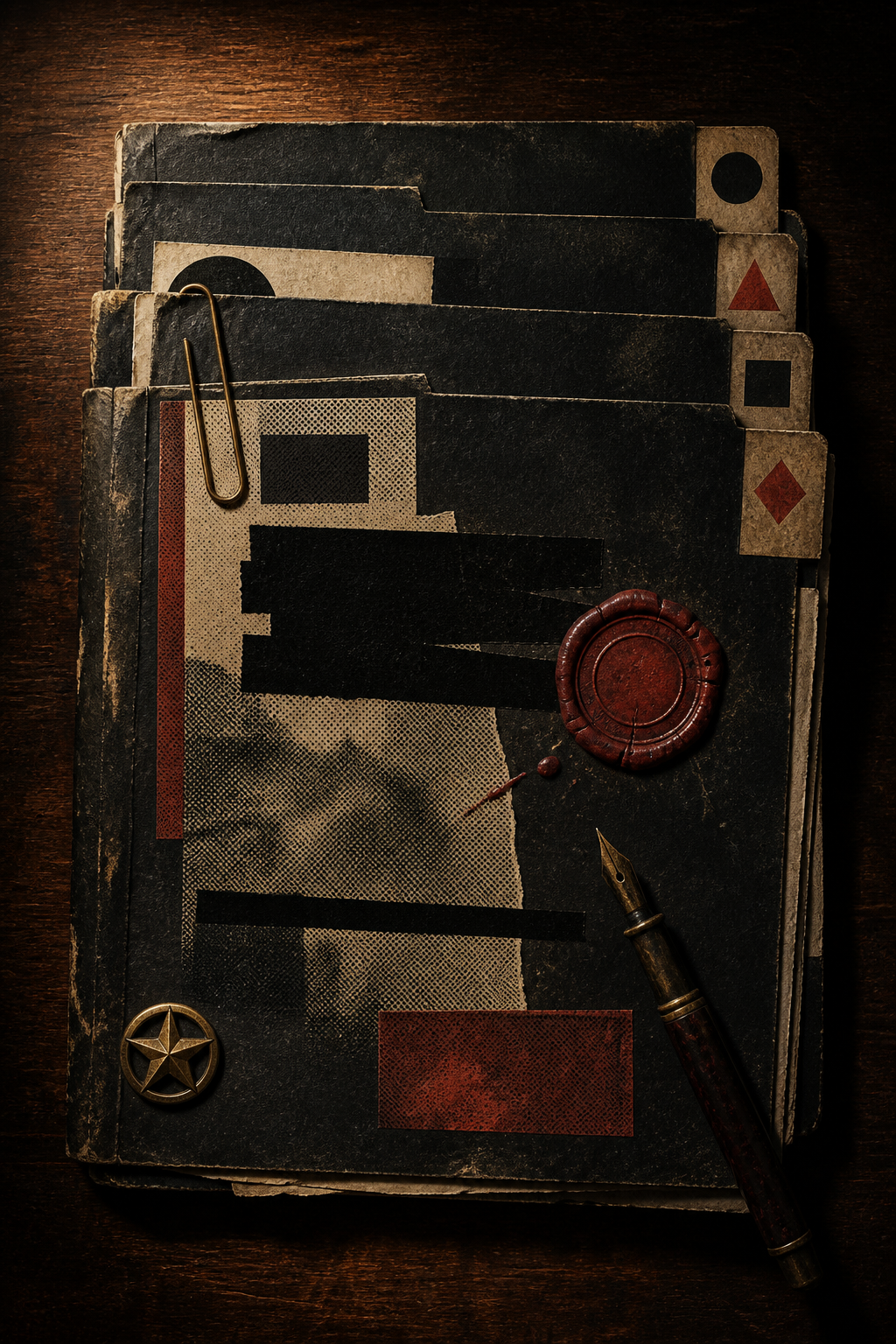 A redacted four-part lecture dossier on a dark desk