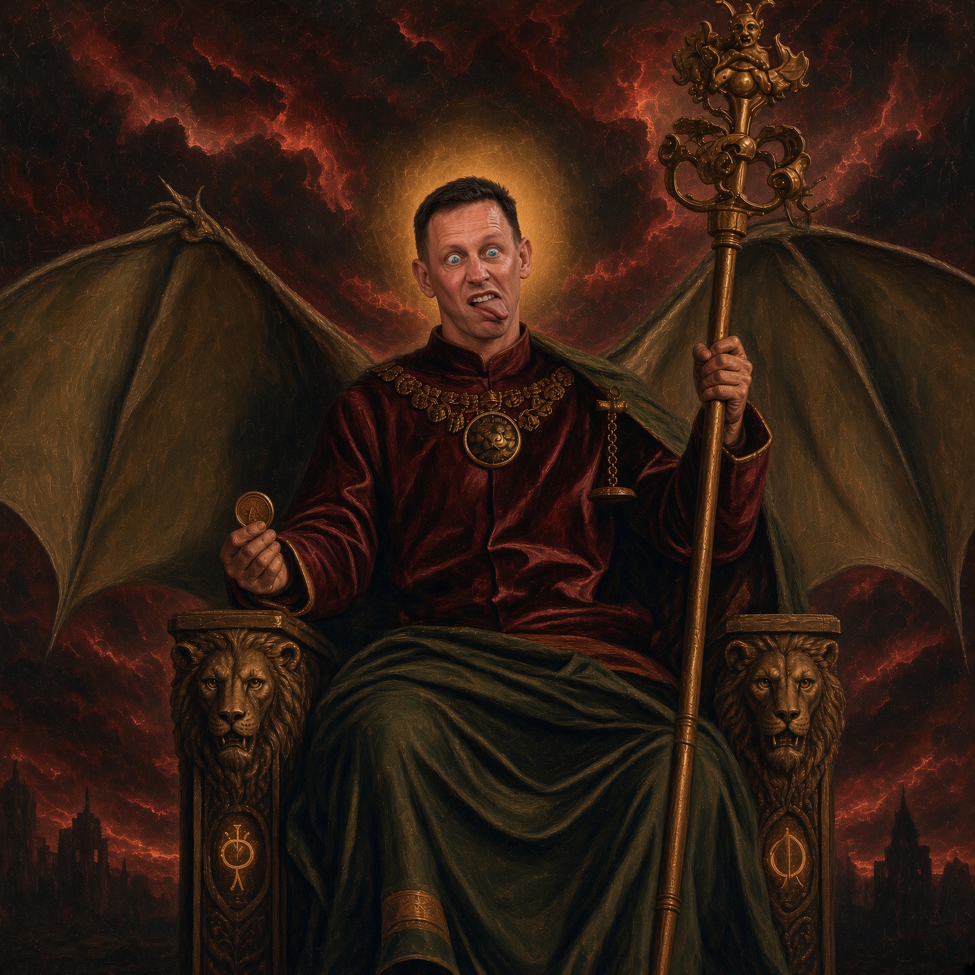A satirical portrait of Peter Thiel portrayed as a winged ruler making a comic face
